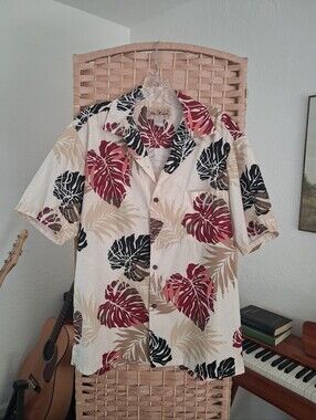 Vintage Blue Hawaii Men's Size L Cream Hawaiian Shirt Monstera Print